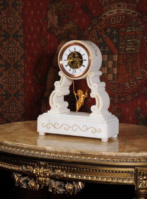 fig 2. Eugéne Farcot Rare Large Marble Cherub On A Swing Boudoir Clock