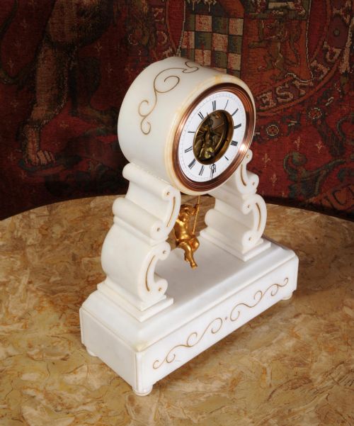 fig 3. Eugéne Farcot Rare Large Marble Cherub On A Swing Boudoir Clock