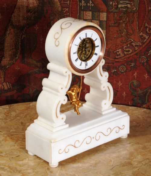 fig 4. Eugéne Farcot Rare Large Marble Cherub On A Swing Boudoir Clock