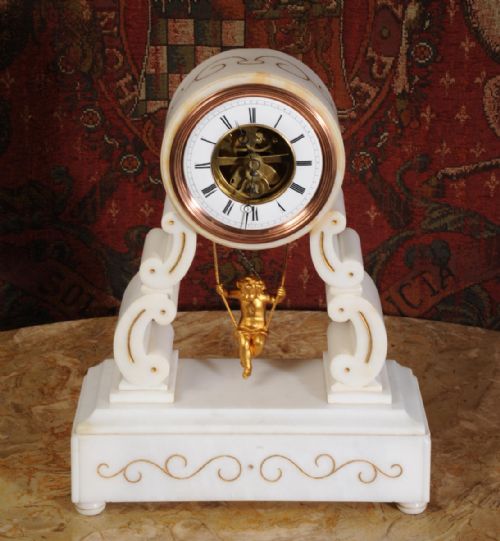 fig 5. Eugéne Farcot Rare Large Marble Cherub On A Swing Boudoir Clock
