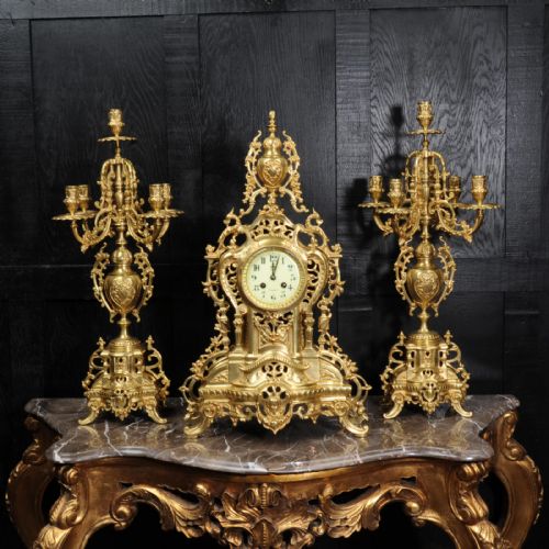 Large Antique French Gilt Bronze Clock Set by Louis Japy