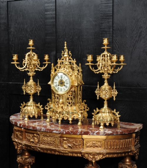 fig 1. Japy Freres Gilt Bronze Gothic Clock Set