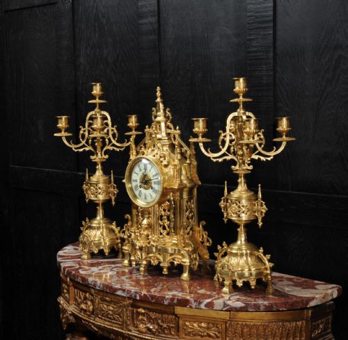 fig 3. Japy Freres Gilt Bronze Gothic Clock Set