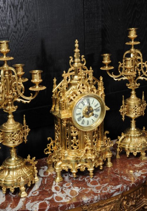 fig 4. Japy Freres Gilt Bronze Gothic Clock Set