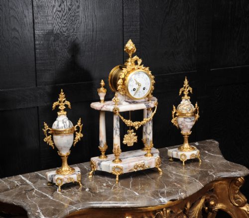 fig 1. Stunning Marble and Ormolu Portico Clock Set by Samuel Marti