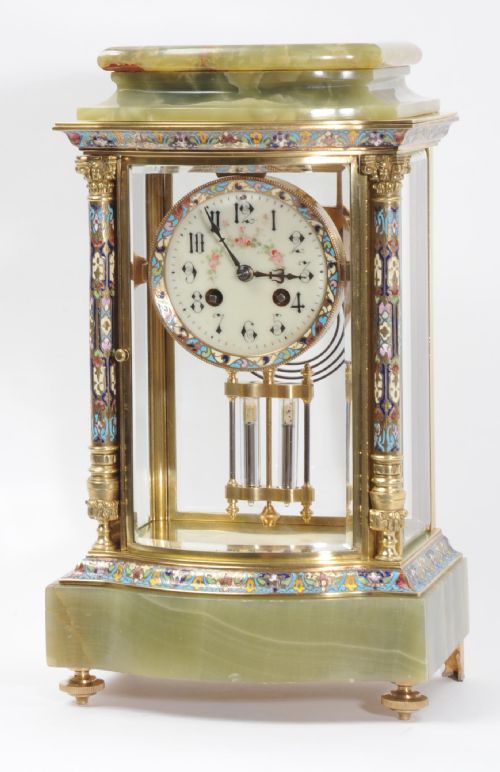 Bow Front Champlevé Enamel, Ormolu and Onyx Four Glass Library Regulator by Samuel Marti