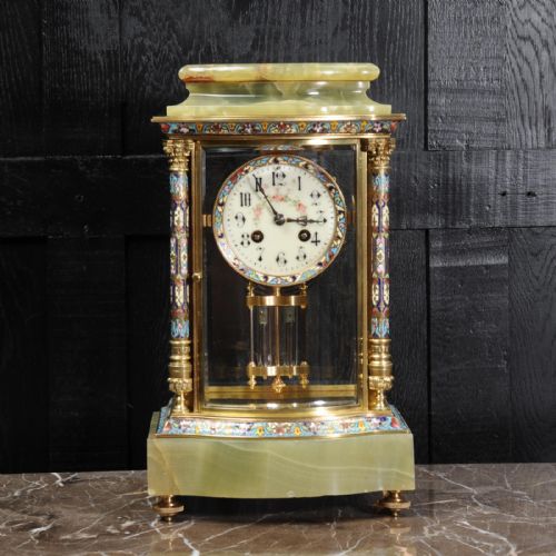 fig 1. Bow Front Champlevé Enamel, Ormolu and Onyx Four Glass Library Regulator by Samuel Marti