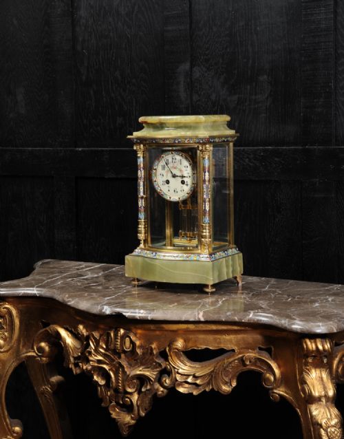 fig 2. Bow Front Champlevé Enamel, Ormolu and Onyx Four Glass Library Regulator by Samuel Marti