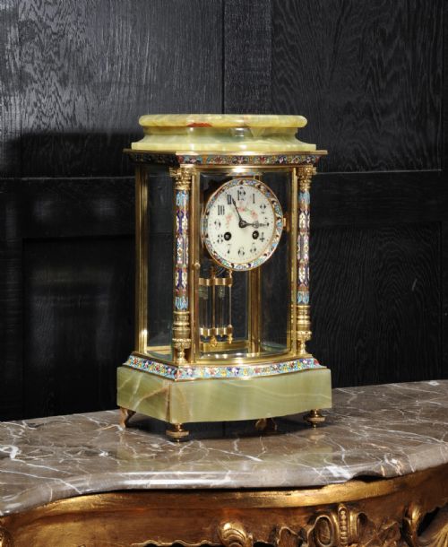fig 3. Bow Front Champlevé Enamel, Ormolu and Onyx Four Glass Library Regulator by Samuel Marti