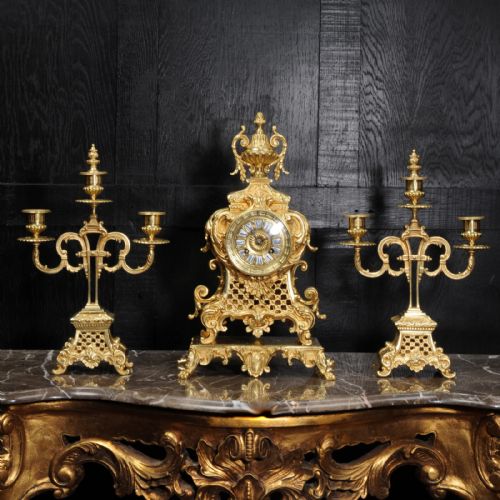 Antique French Gilt Bronze Rococo Clock Set