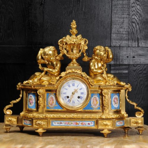 Large Ormolu and Sevres Porcelain Antique Frrench Clock ~ Cherubs Wine Grapes
