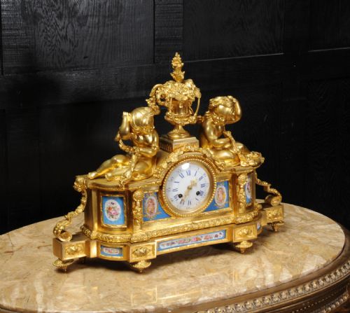 fig 1. Large Ormolu and Sevres Porcelain Antique Frrench Clock ~ Cherubs Wine Grapes