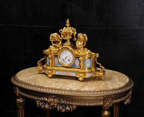 fig 2. Large Ormolu and Sevres Porcelain Antique Frrench Clock ~ Cherubs Wine Grapes