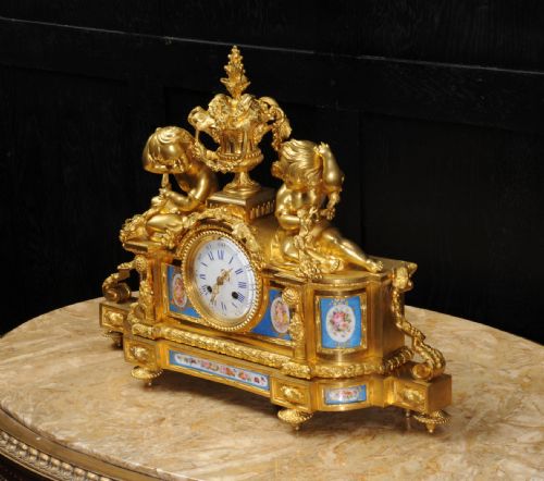 fig 3. Large Ormolu and Sevres Porcelain Antique Frrench Clock ~ Cherubs Wine Grapes
