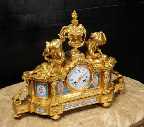 fig 4. Large Ormolu and Sevres Porcelain Antique Frrench Clock ~ Cherubs Wine Grapes