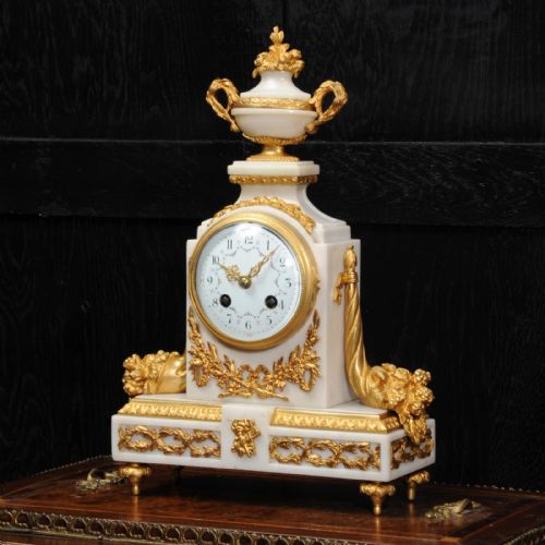 Antique French White Marble and Ormolu Boudoir Clock