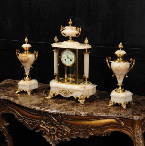 Antique French Four Glass Crystal Regulator Clock Set in Onyx and Ormolu