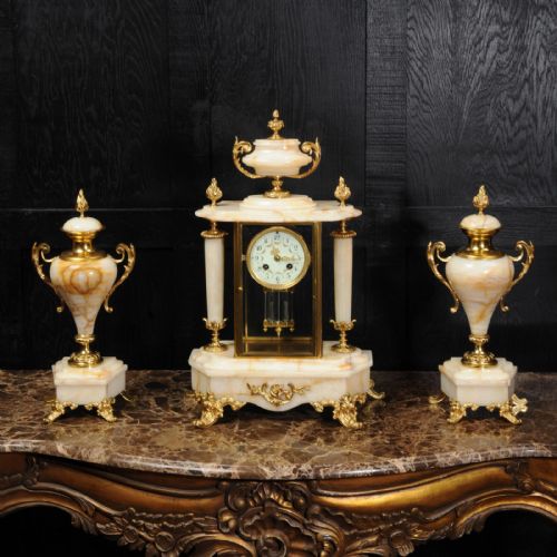 fig 1. Antique French Four Glass Crystal Regulator Clock Set in Onyx and Ormolu