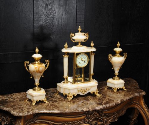 fig 3. Antique French Four Glass Crystal Regulator Clock Set in Onyx and Ormolu