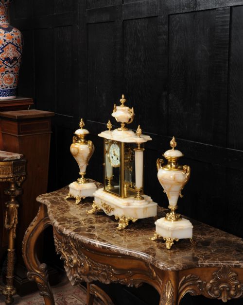 fig 4. Antique French Four Glass Crystal Regulator Clock Set in Onyx and Ormolu