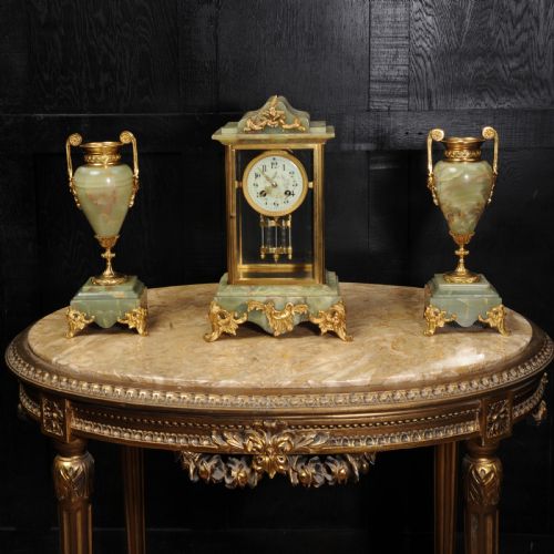 Antique French Four Glass Crystal Regulator Clock Set in Onyx and Ormolu