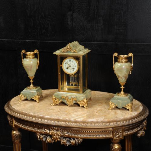 fig 1. Antique French Four Glass Crystal Regulator Clock Set in Onyx and Ormolu