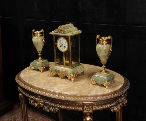 fig 2. Antique French Four Glass Crystal Regulator Clock Set in Onyx and Ormolu