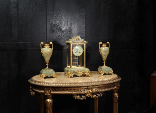fig 3. Antique French Four Glass Crystal Regulator Clock Set in Onyx and Ormolu