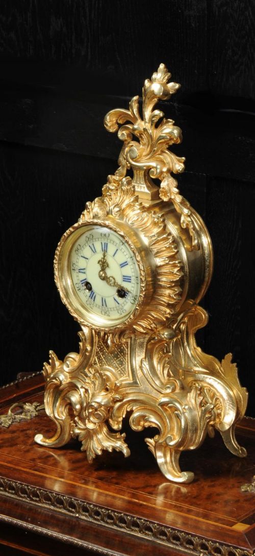 Antique French Gilt Bronze Rococo Boudoir Clock by Vincenti