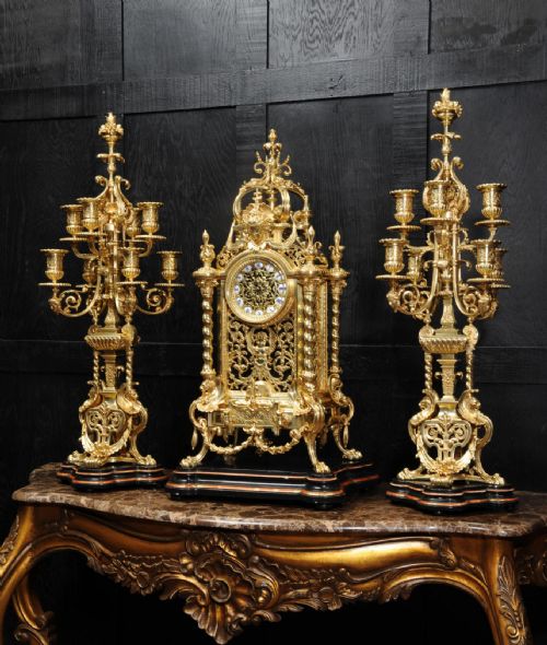 Huge Antique French Ormolu Baroque Clock Set by Maison Bagues, Paris