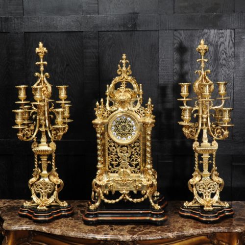 fig 1. Huge Antique French Ormolu Baroque Clock Set by Maison Bagues, Paris