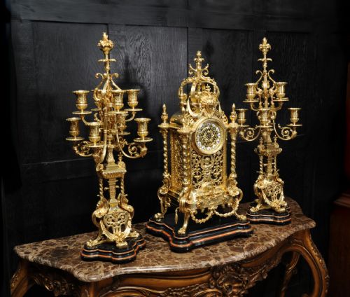 fig 3. Huge Antique French Ormolu Baroque Clock Set by Maison Bagues, Paris