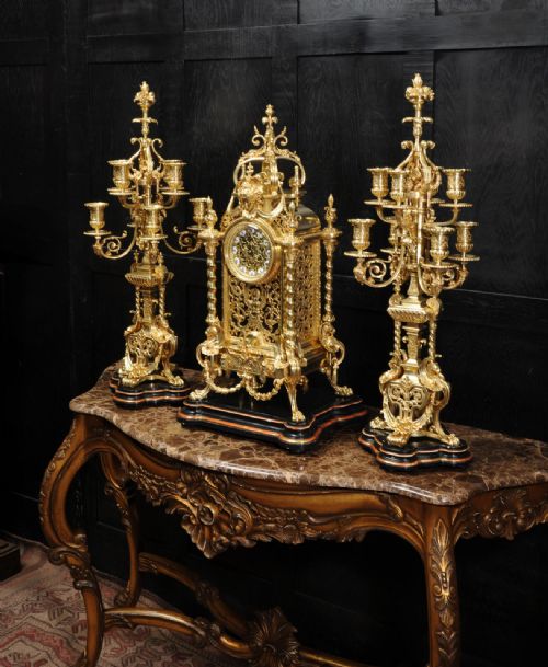 fig 5. Huge Antique French Ormolu Baroque Clock Set by Maison Bagues, Paris