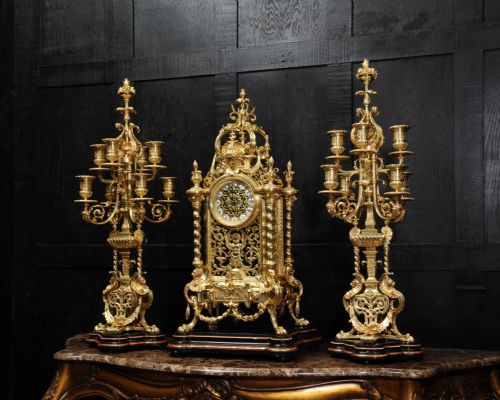 fig 7. Huge Antique French Ormolu Baroque Clock Set by Maison Bagues, Paris