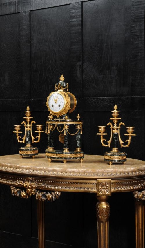 Antique French Ormolu and Green Marble Portico Clock Set