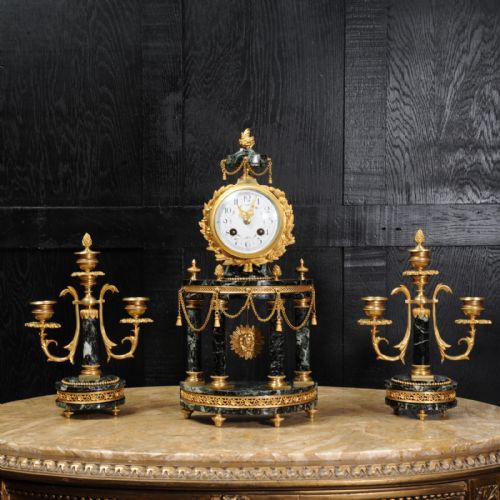 fig 1. Antique French Ormolu and Green Marble Portico Clock Set