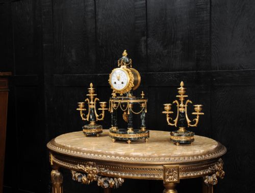 fig 3. Antique French Ormolu and Green Marble Portico Clock Set