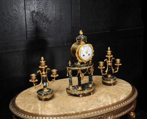 fig 4. Antique French Ormolu and Green Marble Portico Clock Set