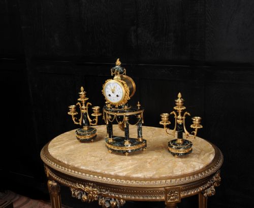 fig 5. Antique French Ormolu and Green Marble Portico Clock Set