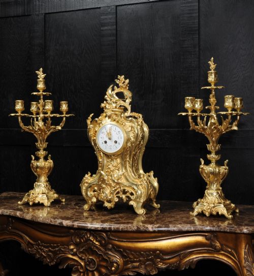 Japy Freres Large Rococo Gilt Bronze Clock Set