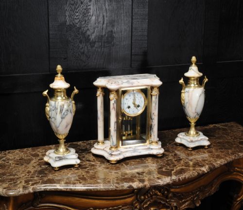 Japy Freres Ormolu and Specimen Marble Four Glass Crystal Clock Set