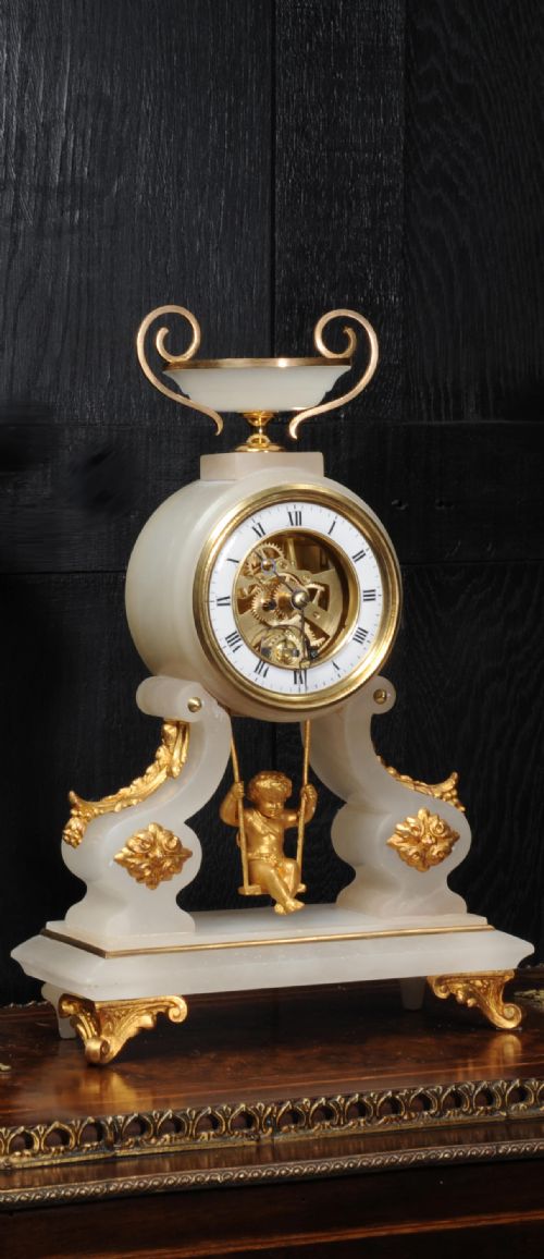 Rare Cherub on a Swing Antique French Boudoir Clock with Visible Escapement