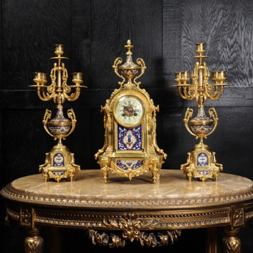 fig 1. Cloisonné Enamel Mounted Ormolu Antique French Clock Set