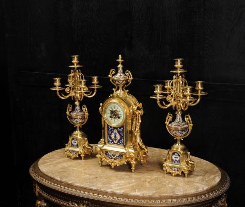 fig 2. Cloisonné Enamel Mounted Ormolu Antique French Clock Set