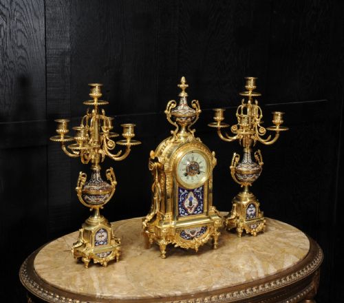 fig 3. Cloisonné Enamel Mounted Ormolu Antique French Clock Set