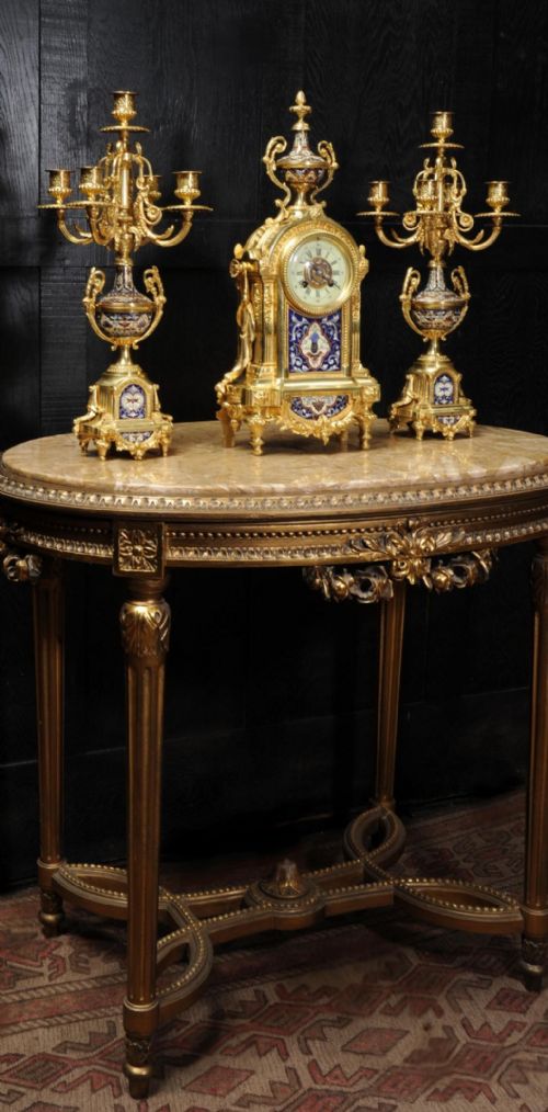 Cloisonné Enamel Mounted Ormolu Antique French Clock Set