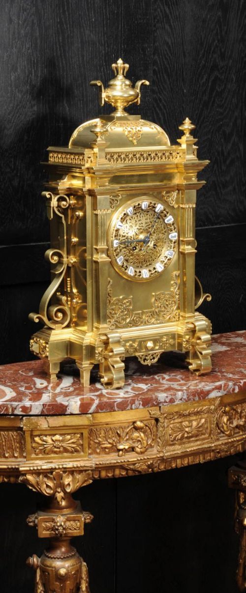 Large Antique French Gothic Gilt Bronze Clock