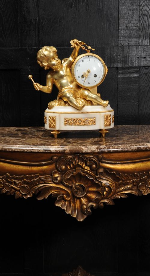 Ormolu and White Marble Clock ~ Putto Floating in Clouds Playing a Drum Antique French