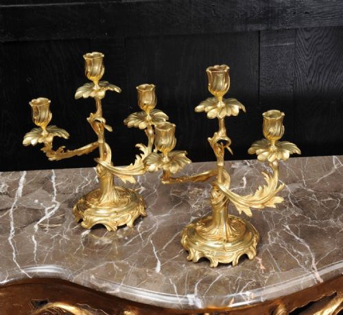 Antique French Rococo Pair of Gilt Bronze Candelabra