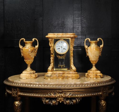 fig 1. Japy Freres Sienna Marble and Ormolu Crystal Four Glass Clock Set Antique French